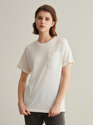 White short-sleeve T-shirt with front patch pocket; clean crew neckline