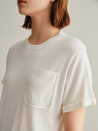 White wool-silk short-sleeve T-shirt with square pocket and bead-look trim on seam