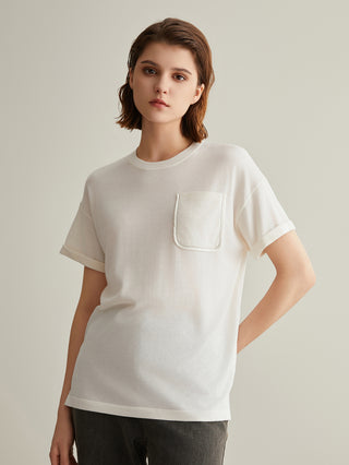 White short-sleeve wool-silk T-shirt with front square pocket detail at chest