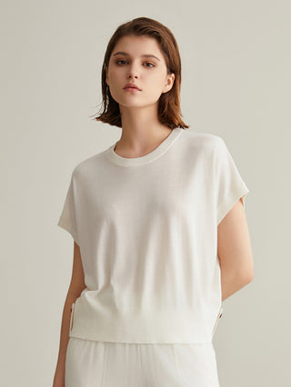 White wool-silk short-sleeve knit top, crew neck, beaded side tab details