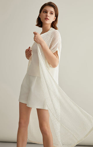 Ivory white long open-front linen-silk knitted cardigan, flowing drape, side profile