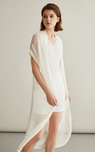 Ivory white long openwork knitted cardigan in linen-silk, draped front, short sleeves