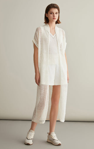 Ivory white long linen-silk knitted cardigan, open front, textured lattice knit, front 3/4 view