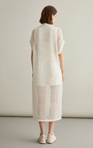 Ivory white long knitted cardigan, back view showing openwork pattern and roomy short sleeves