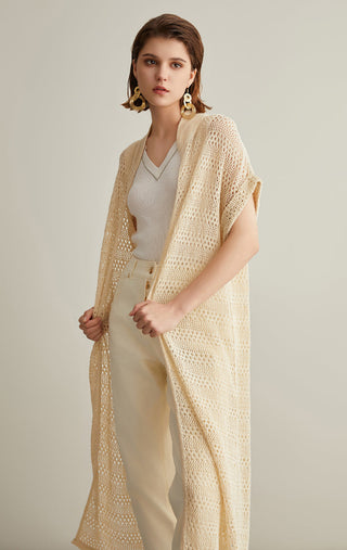 Ivory white long knitted cardigan with open front and textured lace-knit pattern, side view
