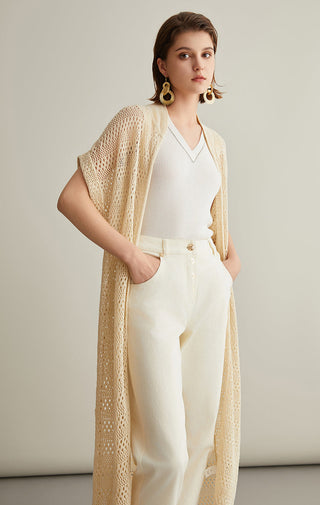 Ivory white linen-silk knitted cardigan, open front with single button, drapes to mid-calf