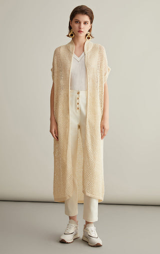 Ivory white long linen-silk knitted cardigan, open front with button closure, short sleeves