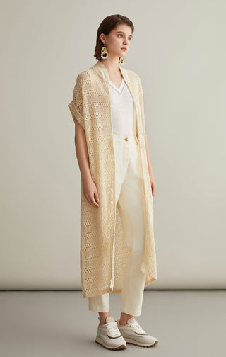 Ivory white long open-front cardigan in linen-silk knit, button detail at center, 3/4 length