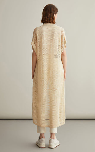 Ivory white long back view of linen-silk knitted cardigan, openwork lace texture, short sleeves