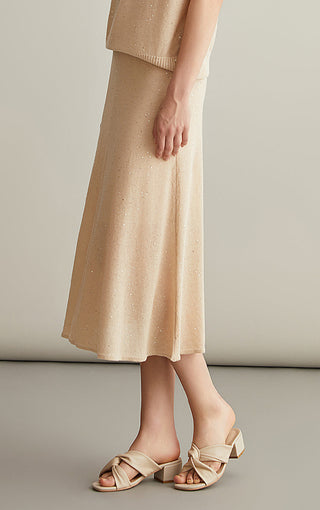 Linen Silk Blend Speckled Midi Skirt - serathinan 