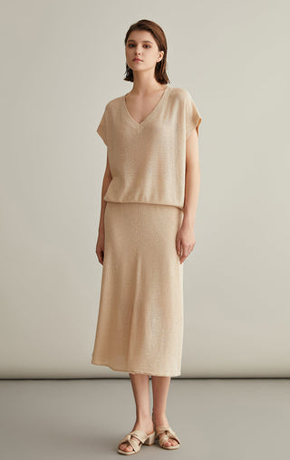 Linen Silk Blend Speckled Midi Skirt - serathinan 