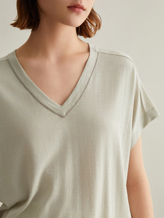 Sage green V-neck silk-wool top with short sleeves and outlined neckline trim