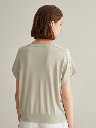 Sage green V-neck silk-wool top from back with short sleeves and banded hem