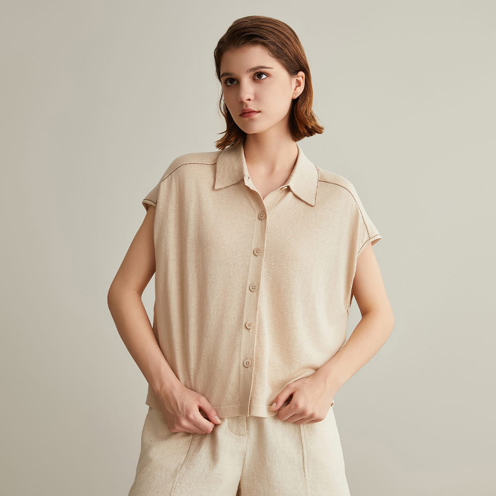 Women's Clothing Summer Linen Silk Polo Shirt