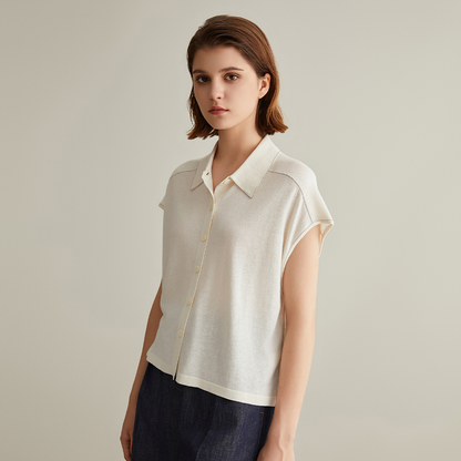 Women's Clothing Summer Linen Silk Polo Sweater Shirt