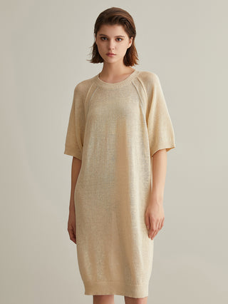 Beige knit midi dress with crew neck, short sleeves, and ribbed hem