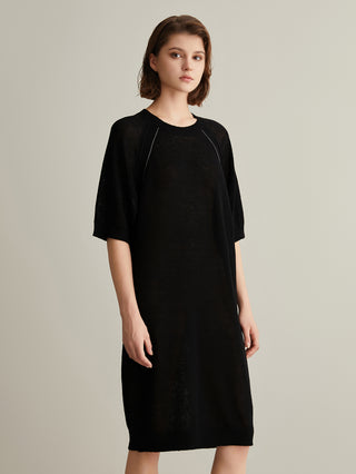 Black knit midi dress, relaxed fit with ribbed cuffs and hem