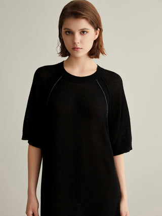 Black knit dress front view with short sleeves and textured knit body