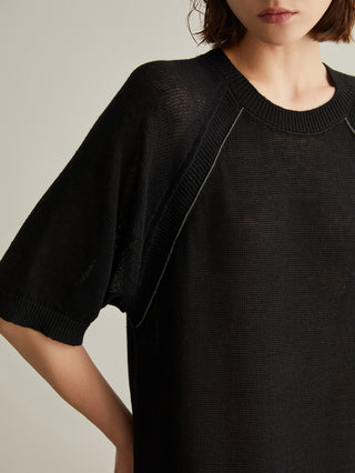 Black knit dress close-up: crew neck and curved seam trim