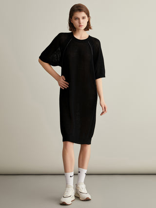 Black knit midi dress with raglan-style seams and ribbed neckline