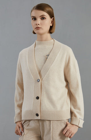 Beige cashmere V-neck button cardigan with ribbed hem and cuffs, front button placket
