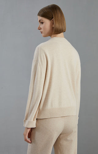 Beige cashmere button cardigan back view with ribbed crew neckline and hem band