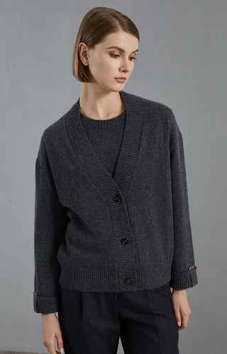 Dark gray cashmere cardigan front view with V-neck ribbing and button closure