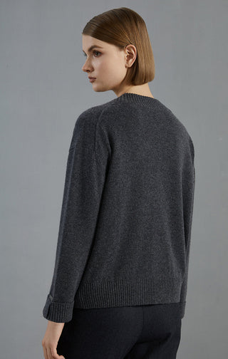 Dark gray cashmere button cardigan back view with ribbed hem and sleeve cuffs