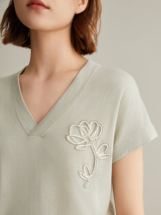 Close-up: light green wool-silk V-neck knit top with white floral embroidery at the chest