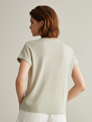 Back view of light green wool-silk knit top with short sleeves and simple back hem