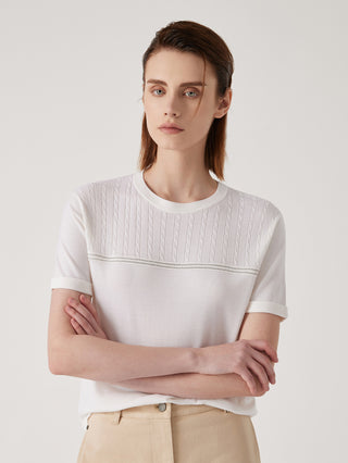 White textured knit wool-silk top with crew neck and beaded chain trim detail
