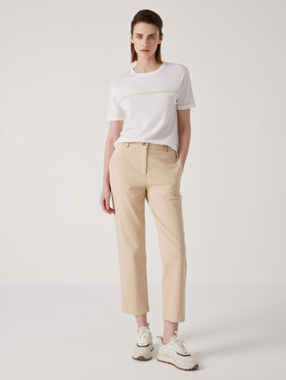 White wool-silk textured knit top with crew neck and beaded chain trim across chest