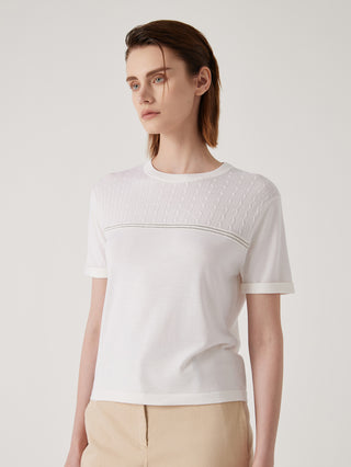 White wool-silk knit top with crew neck and beaded chain trim across chest