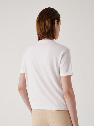 White wool-silk textured knit top, short sleeves, crew neck, back view
