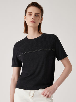 Black textured wool-silk knit top with crew neck and beaded chain trim across chest