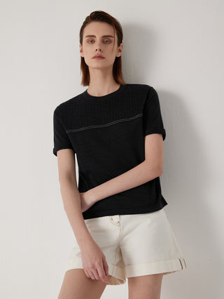 Black knit wool-silk top with crew neck and beaded chain trim across chest
