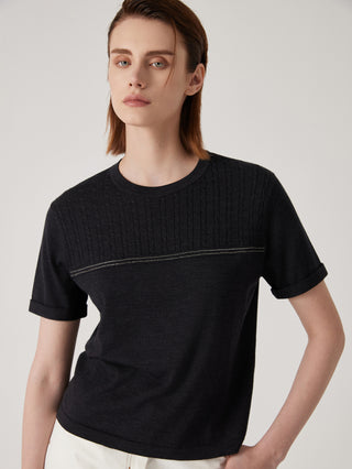 Black textured knit wool-silk top with crew neck and beaded chain trim detail