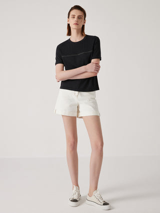 Black wool-silk textured knit top with crew neck and beaded chain trim across chest