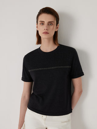 Black wool-silk knit top with crew neck and beaded chain trim across chest
