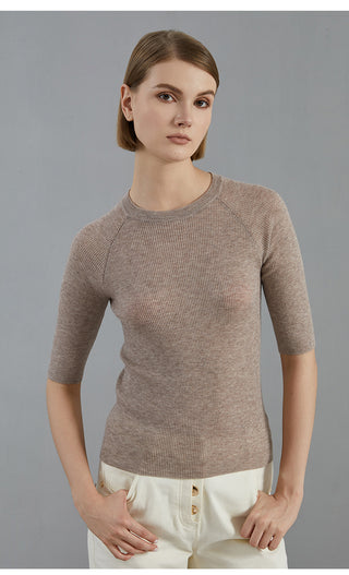 Wool blend ribbed fitted pullover, purplish brown crew neck, 3/4 sleeves