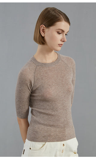 Wool blend ribbed fitted pullover in purplish brown, side view with crew neckline