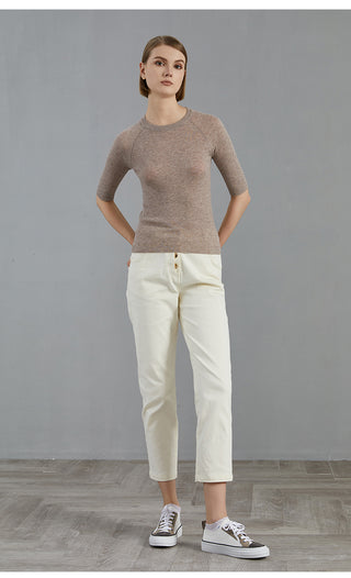 Wool blend ribbed fitted pullover in purplish brown with crew neck, paired with pants