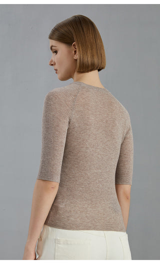Wool blend ribbed fitted pullover in purplish brown, back-left view