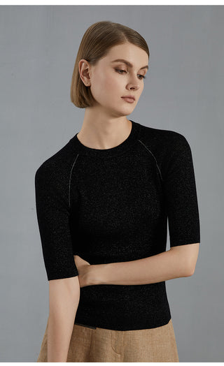 Wool blend ribbed fitted pullover in black, side view showing short sleeve length