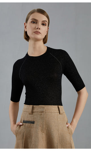 Wool blend ribbed fitted pullover in black, front view with crew neckline