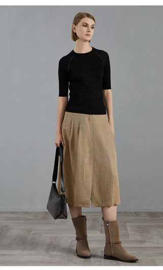 Wool blend ribbed fitted pullover in black, worn with skirt and boots