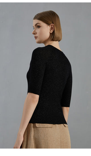 Wool blend ribbed fitted pullover in black, back view with raglan seams