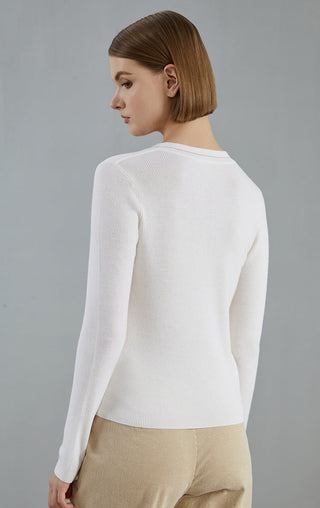 White ribbed knit V-neck top, back view with long sleeves