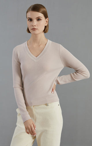 Apricot V-neck ribbed knit sweater top, front view with long sleeves