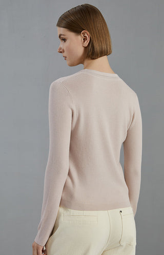 Pale taupe fine wool V-neck pullover, back view with smooth long sleeves